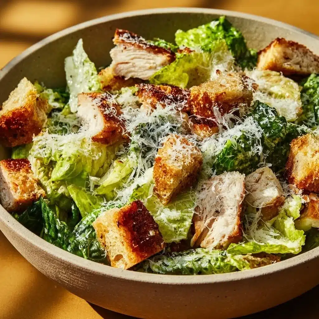 Delicious Chicken Caesar Salad with grilled chicken, romaine lettuce, and parmesan cheese.