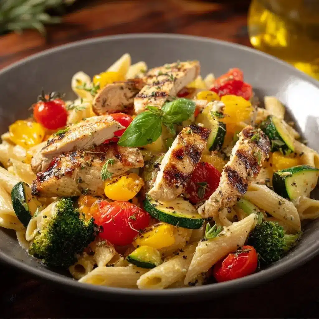 Colorful Chicken Pasta Primavera with fresh vegetables and herbs