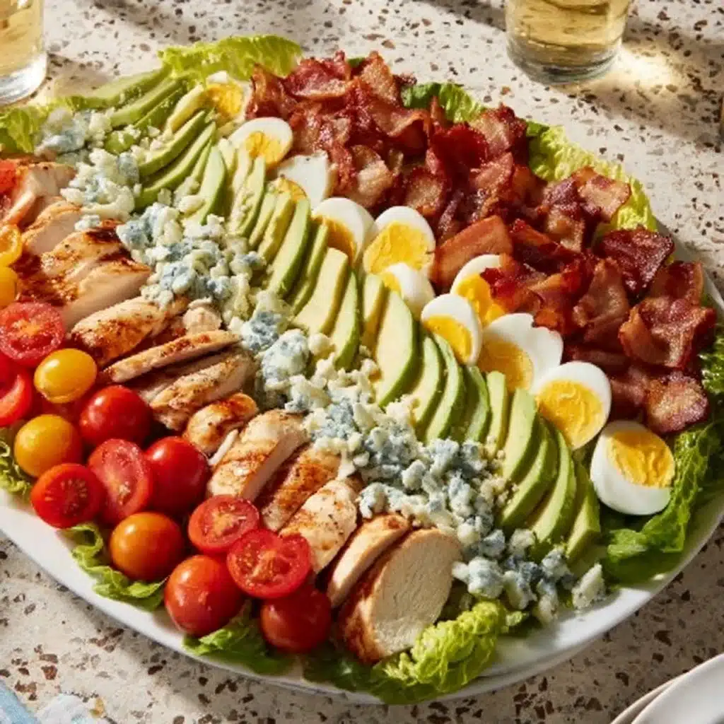 Freshly prepared Cobb Salad with chicken, bacon, avocado, and vegetables