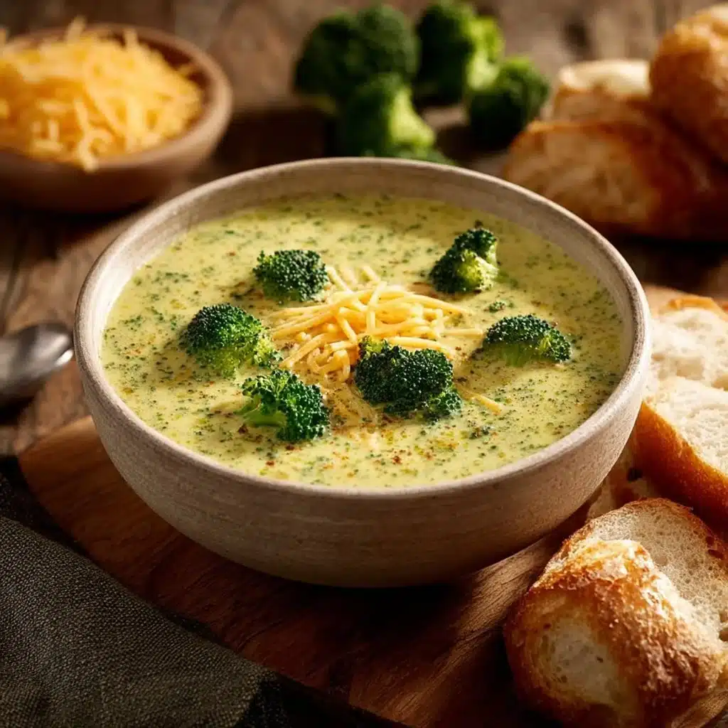 Delicious bowl of comforting broccoli cheddar soup garnished with fresh broccoli