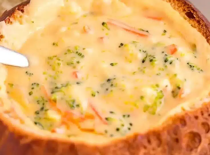 Creamy broccoli cheese soup inspired by Panera's famous recipe.
