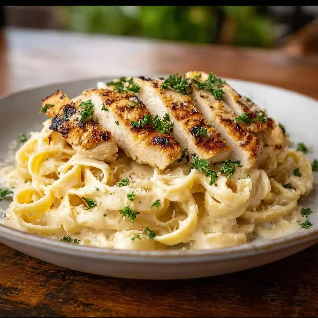 Bowl of creamy Chicken Alfredo with chicken pieces and pasta garnish