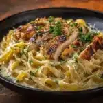 Creamy Chicken Fettuccine Alfredo served with parsley garnish