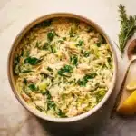 Creamy Lemon Chicken Orzo dish with chicken, orzo pasta, and fresh lemon slices