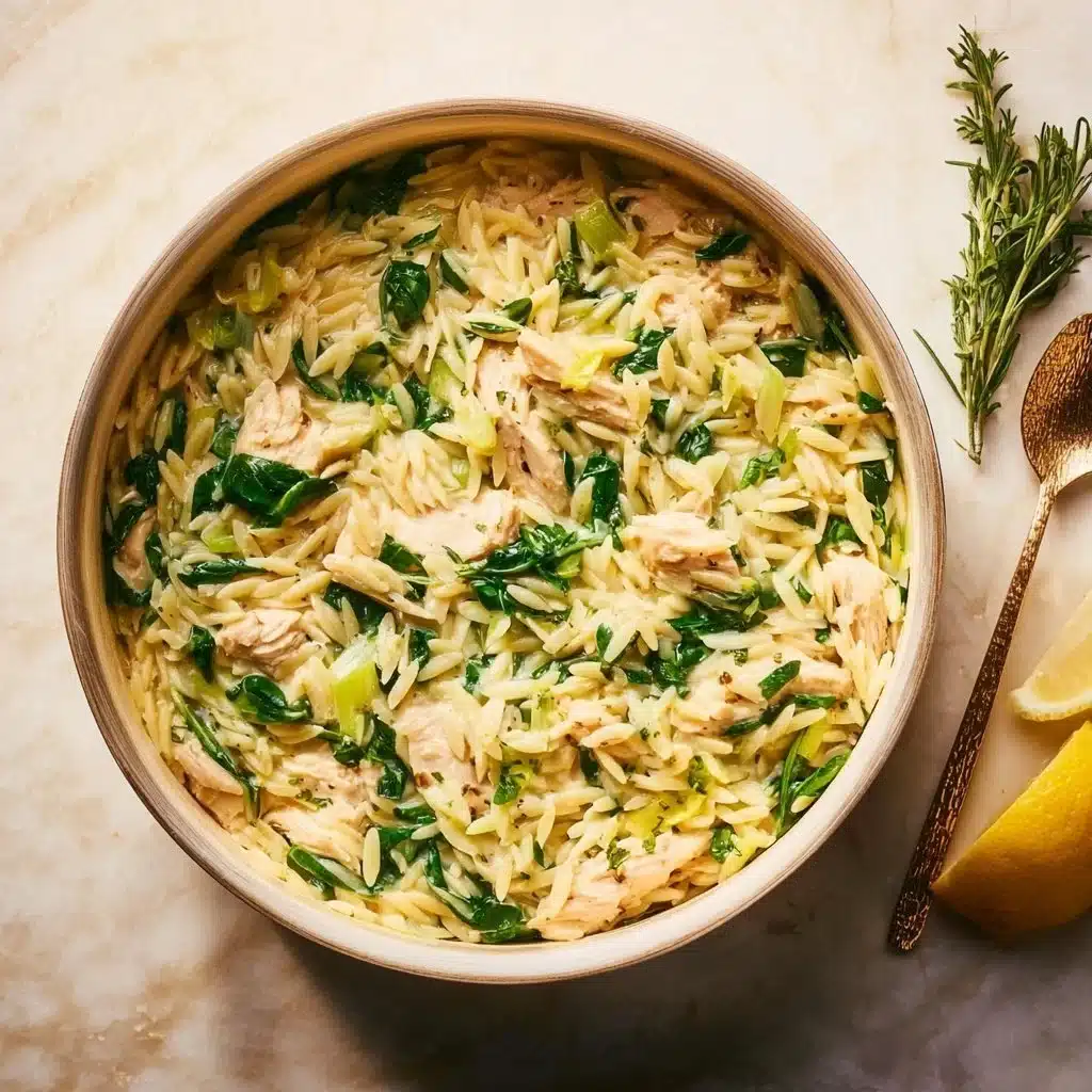Creamy Lemon Chicken Orzo dish with chicken, orzo pasta, and fresh lemon slices