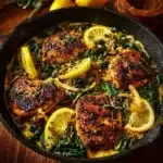 Creamy lemon chicken served with orzo greens on a plate