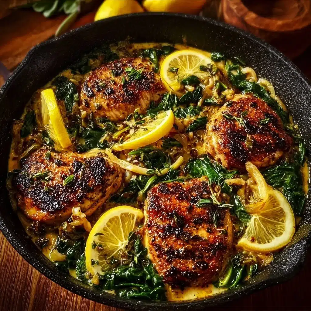 Creamy lemon chicken served with orzo greens on a plate