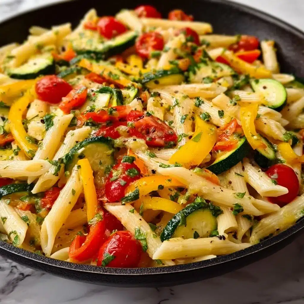 Creamy Pasta Primavera with colorful vegetables and herbs garnished on a plate.