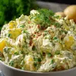 Creamy Southern style potato salad in a serving bowl