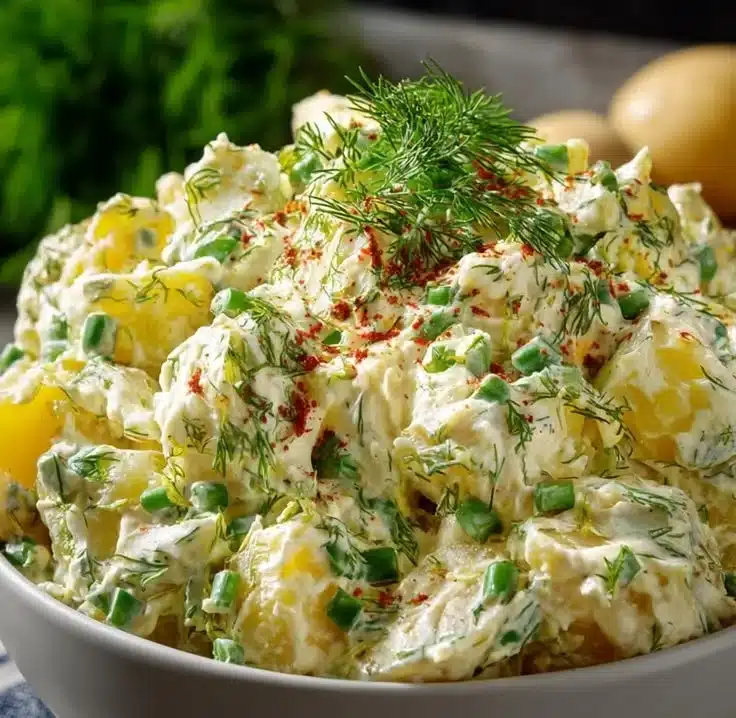 Creamy Southern style potato salad in a serving bowl