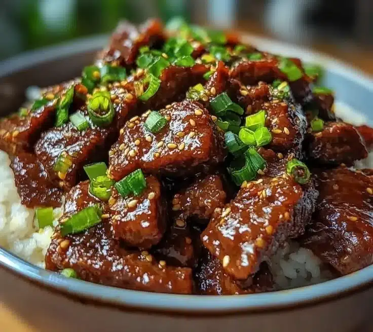 Slow-cooked Crockpot Mongolian Beef served with rice and vegetables.