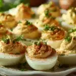 A platter of delicious deviled eggs garnished with herbs, ready to be served.
