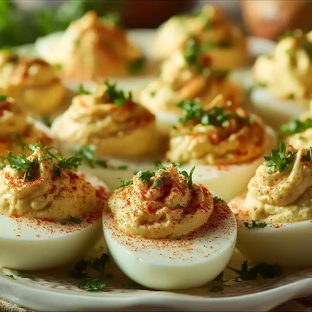 A platter of delicious deviled eggs garnished with herbs, ready to be served.