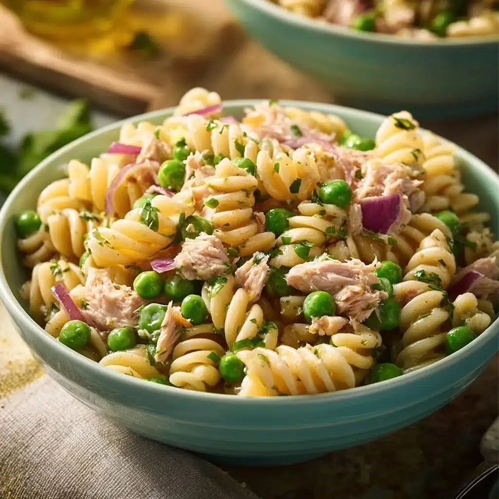 A bowl of Dill Tuna Pasta Salad featuring fresh ingredients and a light dressing.