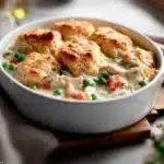 Delicious Easy Chicken Pot Pie Cobbler served in a rustic dish