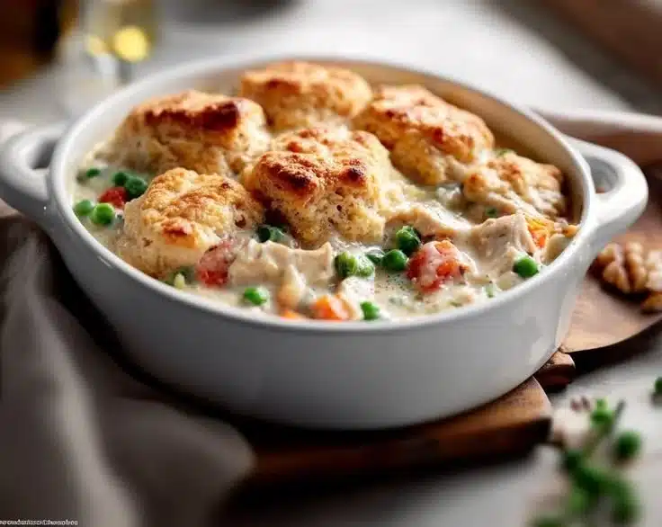 Delicious Easy Chicken Pot Pie Cobbler served in a rustic dish