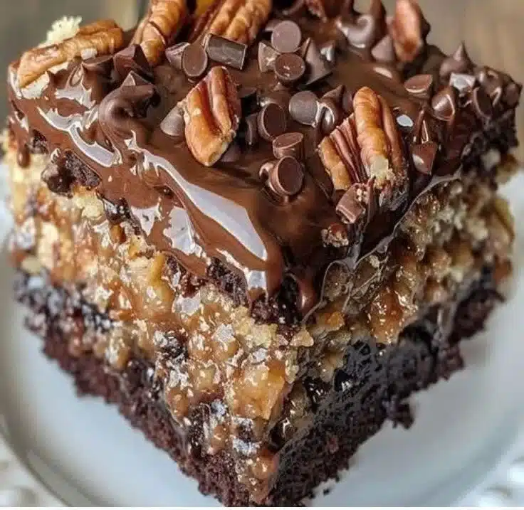 Delicious easy German Chocolate Poke Cake topped with chocolate and coconut frosting