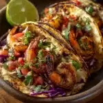 Delicious easy grilled shrimp tacos garnished with fresh toppings