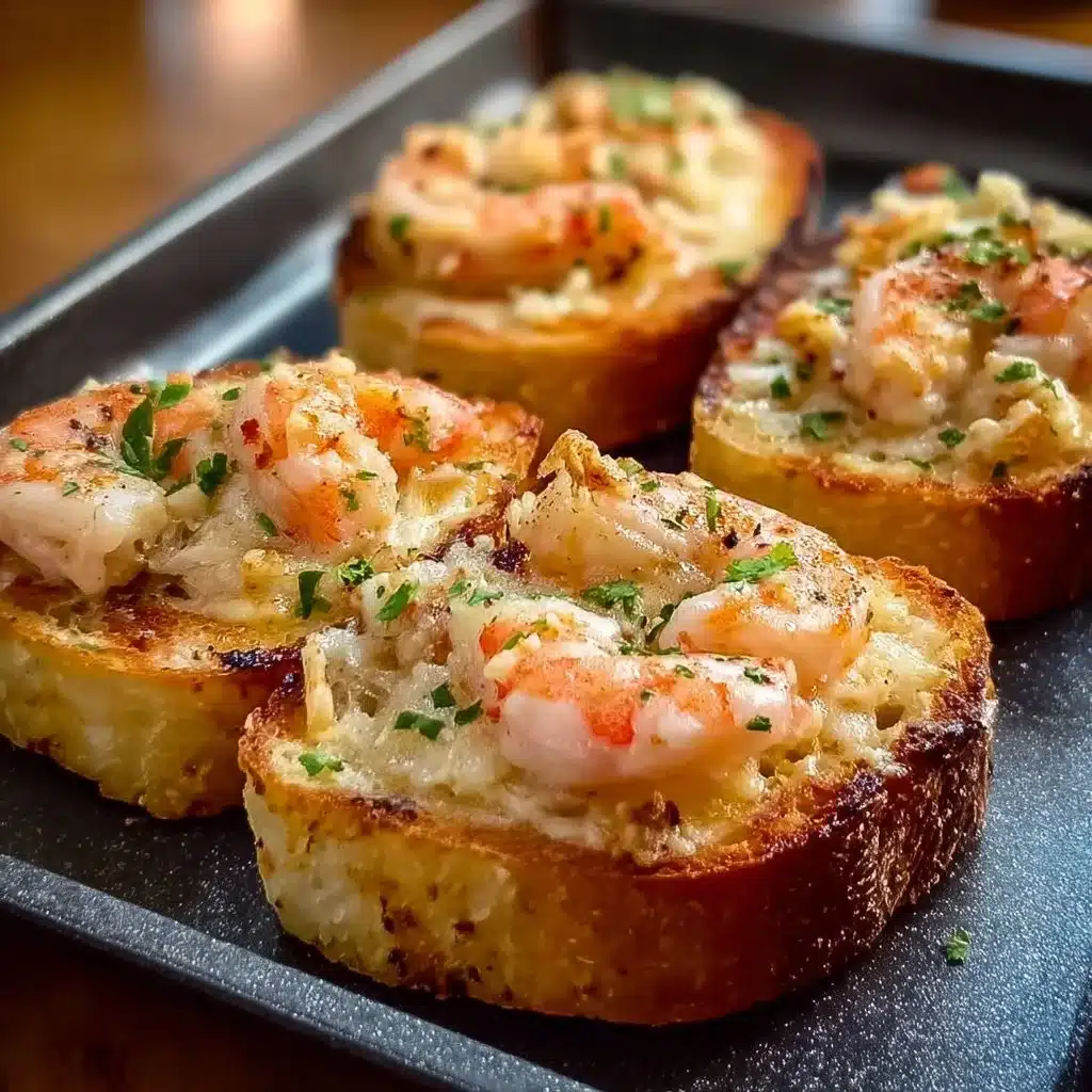Delicious seafood garlic toast topped with fresh herbs and seafood