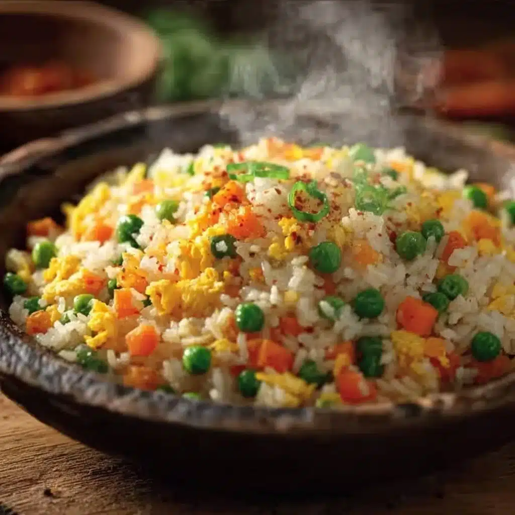 A delicious bowl of freakin' fantastic fried rice with colorful vegetables and proteins.