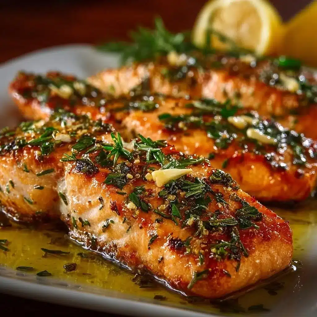 Delicious garlic butter baked salmon served on a plate with lemon and herbs