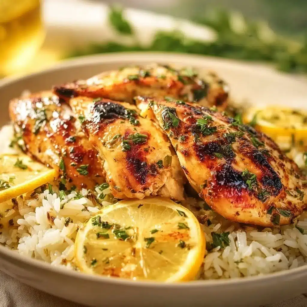 Grilled Greek Lemon Chicken garnished with herbs and lemon slices on a plate