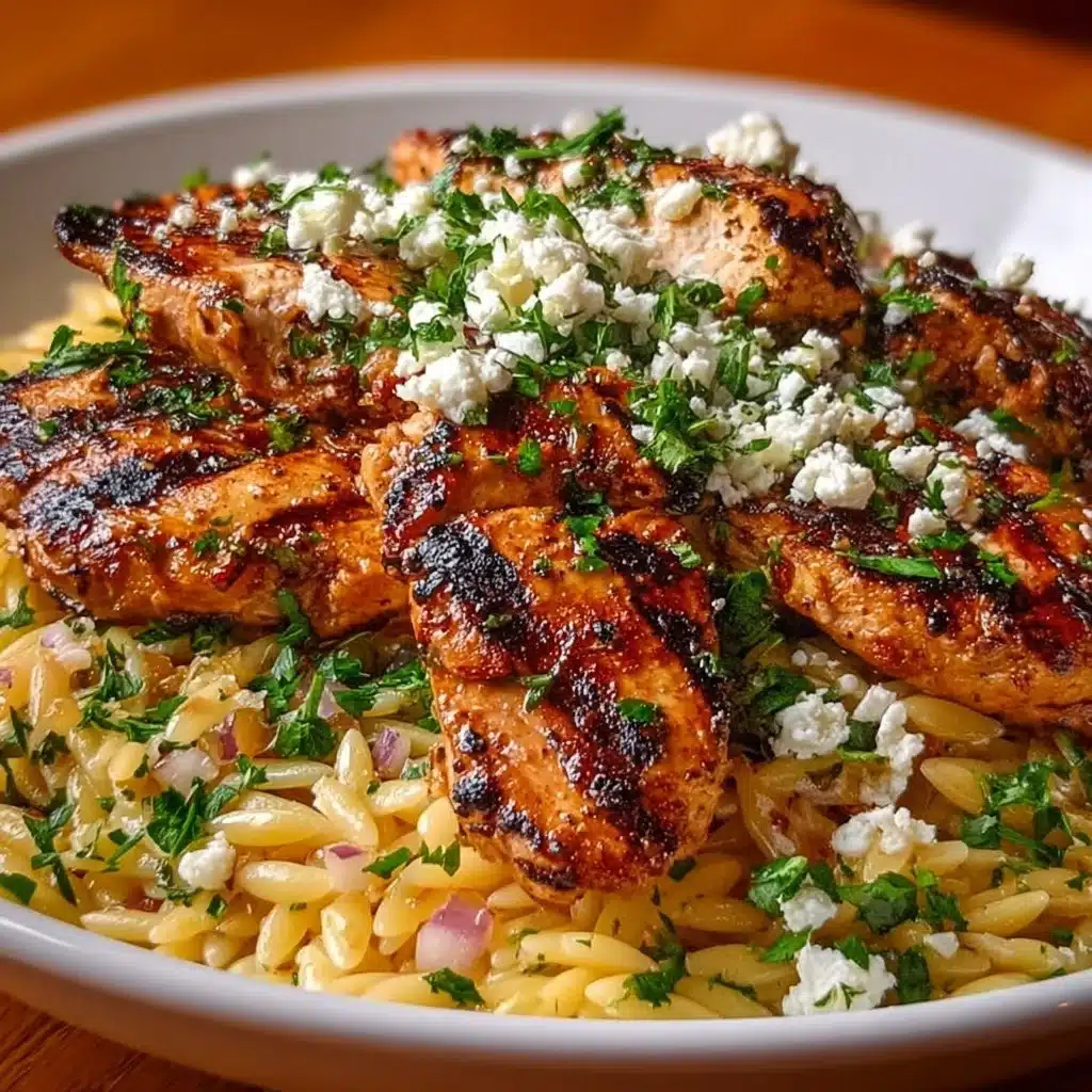 Plate of Greek Lemon Chicken with Orzo garnished with herbs
