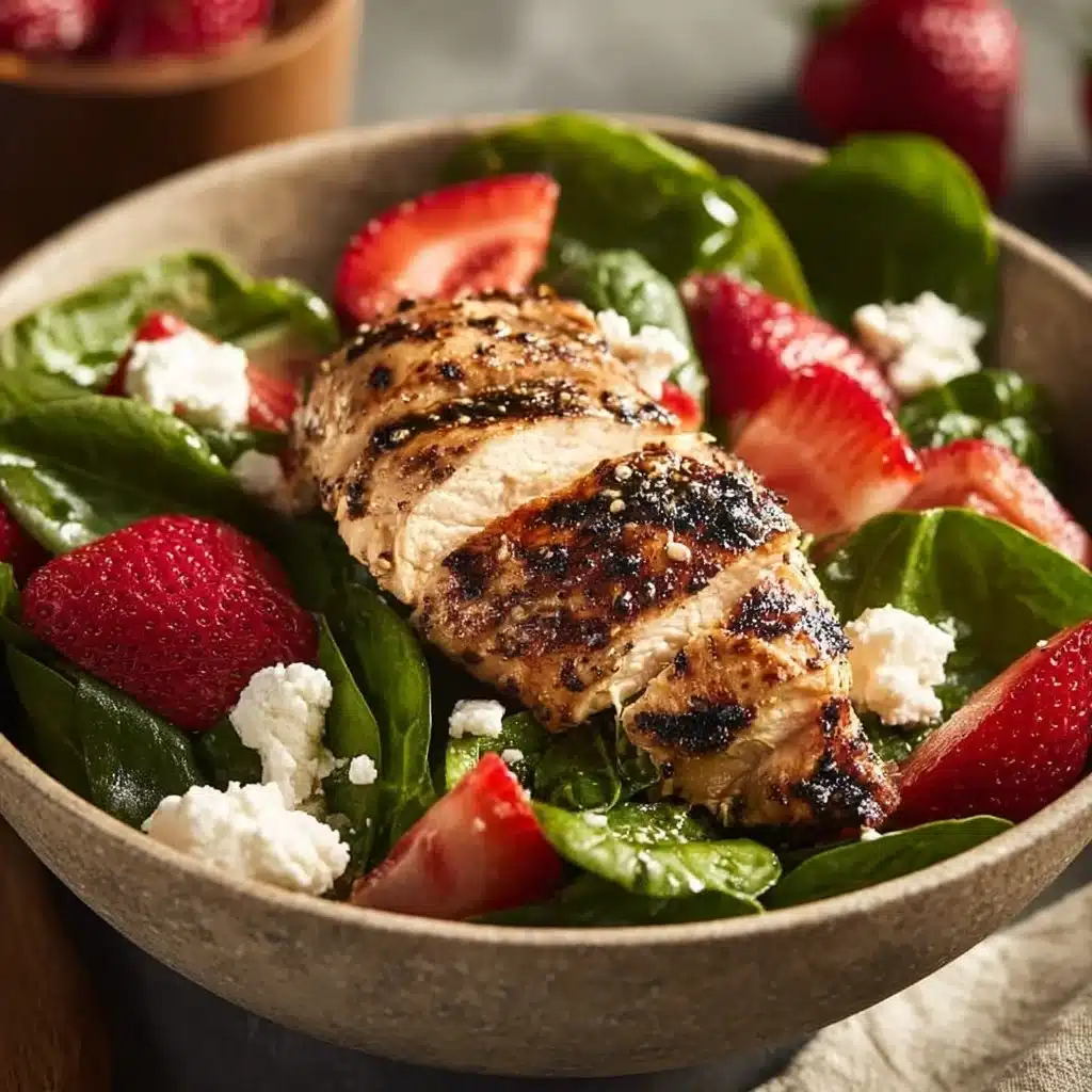 Delicious grilled chicken salad topped with fresh vegetables and dressing.