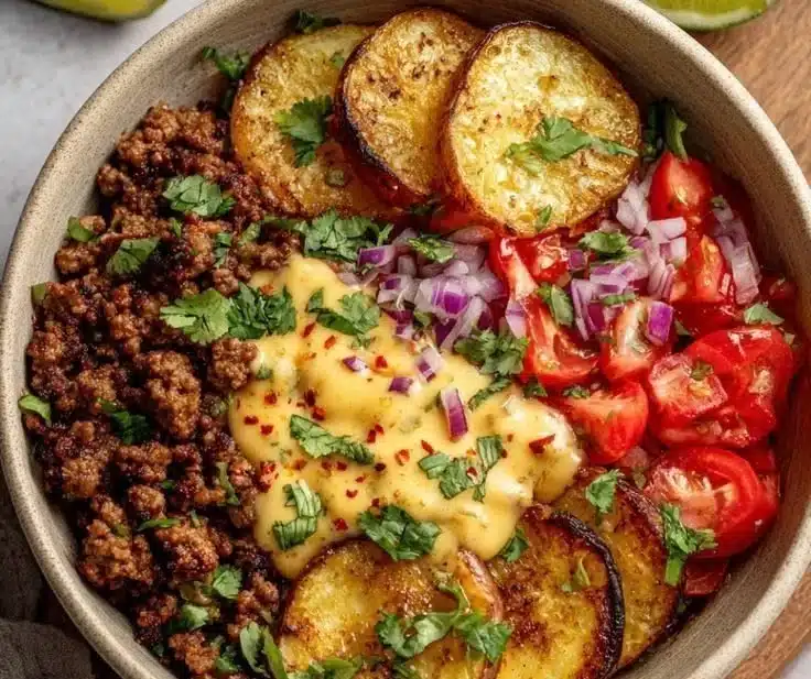 Ground Beef and Potato Taco Bowl served in a colorful dish