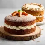 Slice of healthy carrot cake topped with cream cheese frosting on a plate