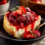 Delicious strawberry cheesecake dump cake topped with fresh strawberries and cream.