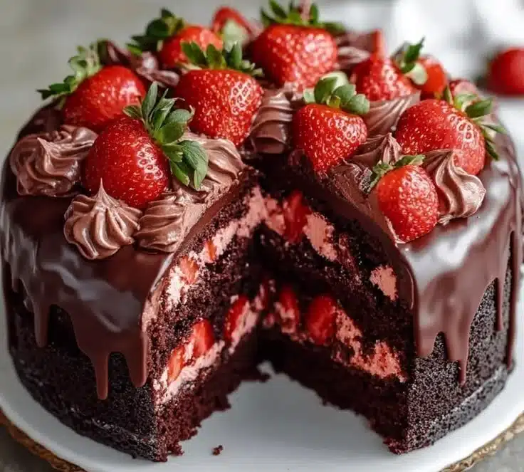 Irresistible Strawberry Chocolate Shell Cake topped with fresh strawberries and chocolate shell.