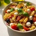 Colorful Italian pasta salad with fresh vegetables and dressing