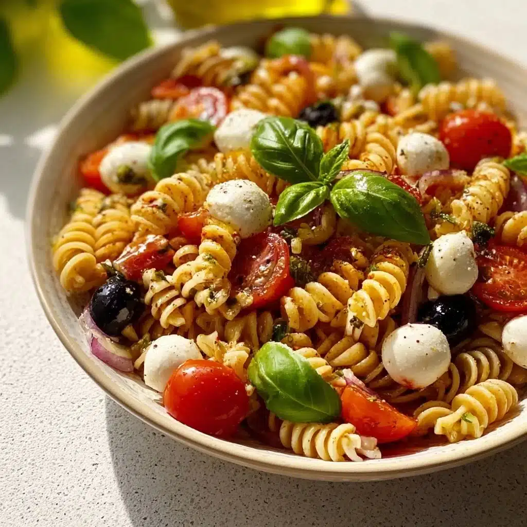 Colorful Italian pasta salad with fresh vegetables and dressing