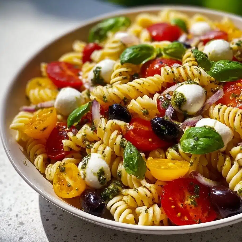 Colorful Italian Pasta Salad with fresh vegetables and herbs in a bowl
