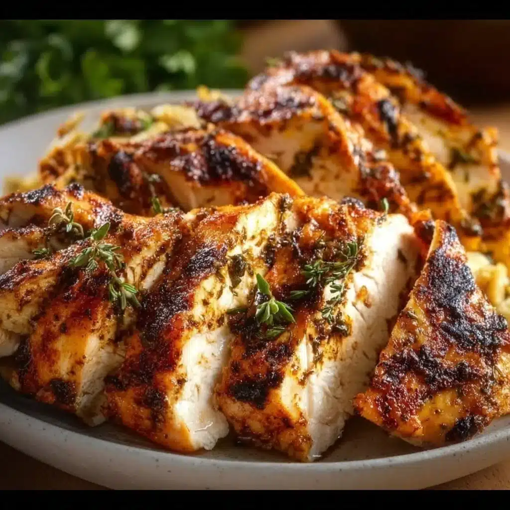 Juicy simple chicken breast served with vegetables and herbs.