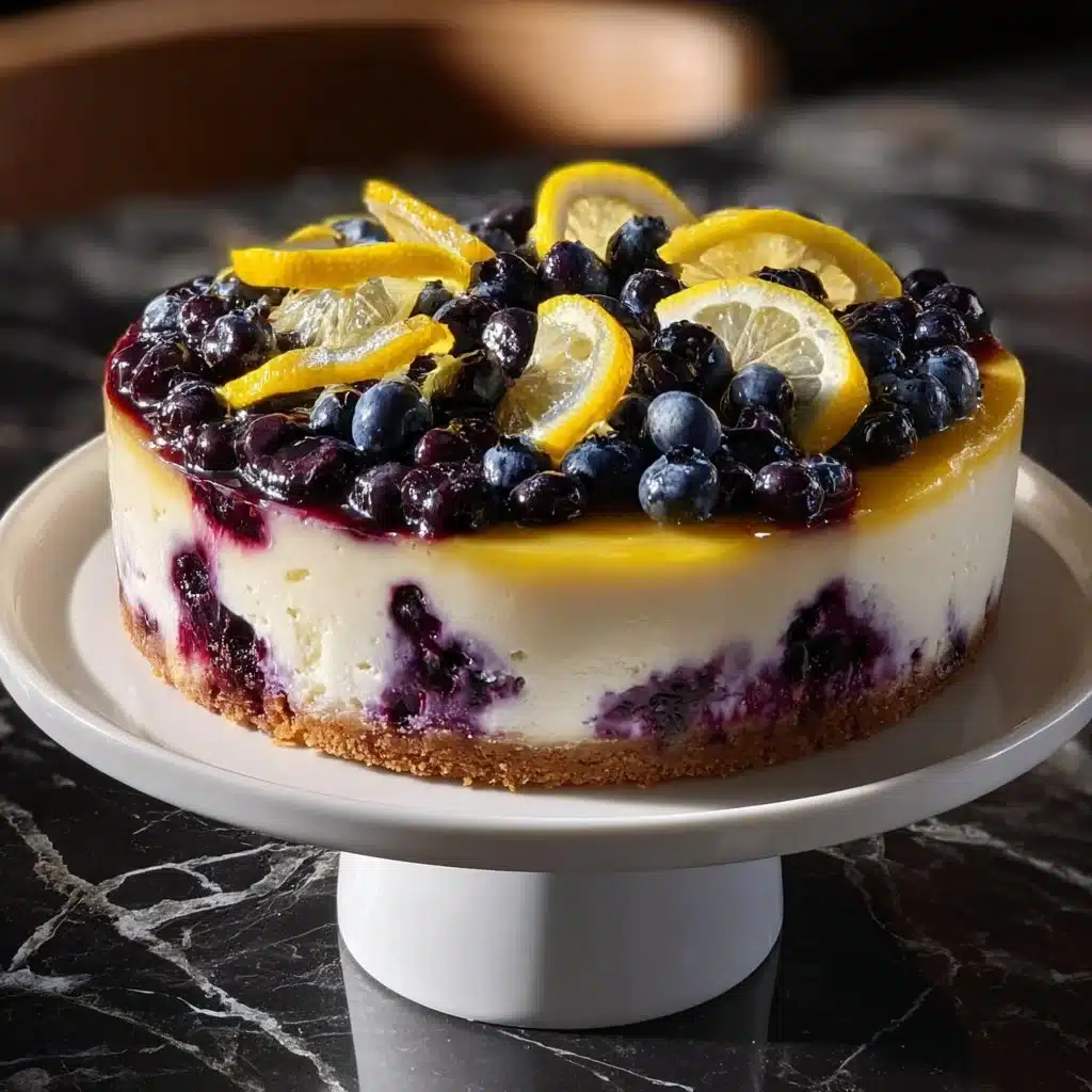 Delicious lemon blueberry cheesecake topped with fresh blueberries and lemon zest.