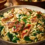 Plate of Lemon Garlic Chicken served with spinach orzo