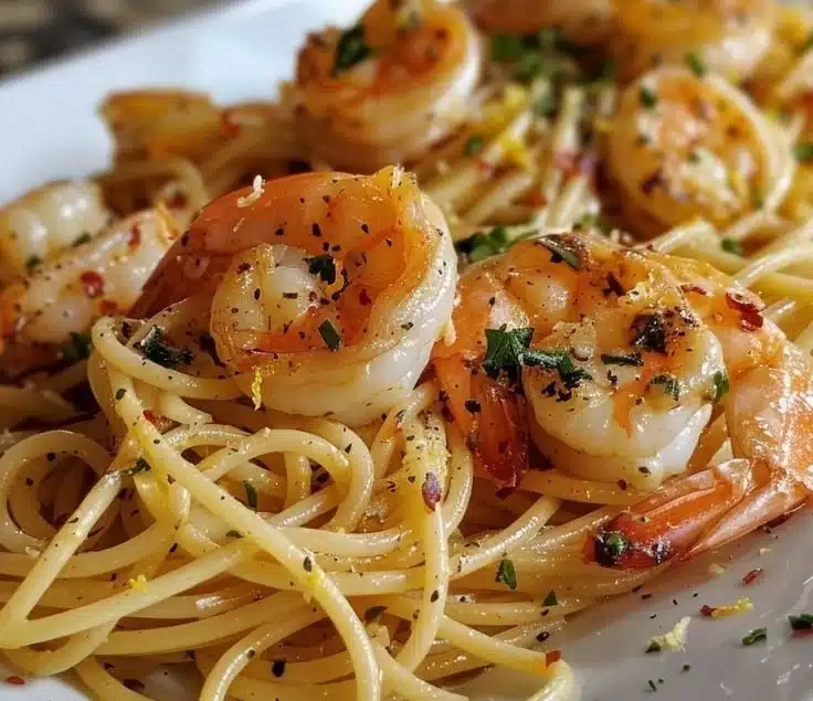 Plate of Lemon Garlic Pasta with Shrimp garnished with parsley