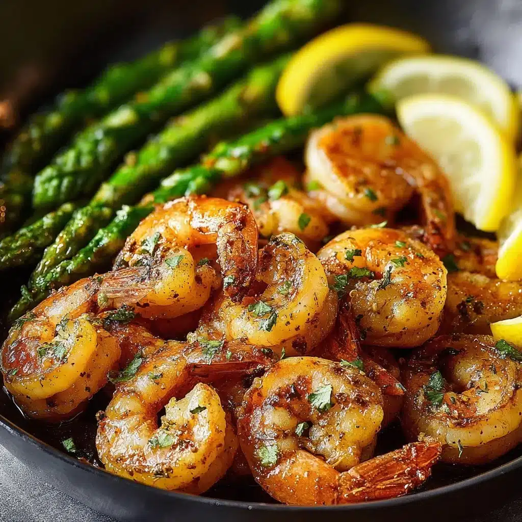 Lemon Garlic Shrimp and Asparagus served in a bowl with fresh herbs.