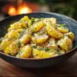Delicious bowl of mustard potato salad with fresh herbs and spices
