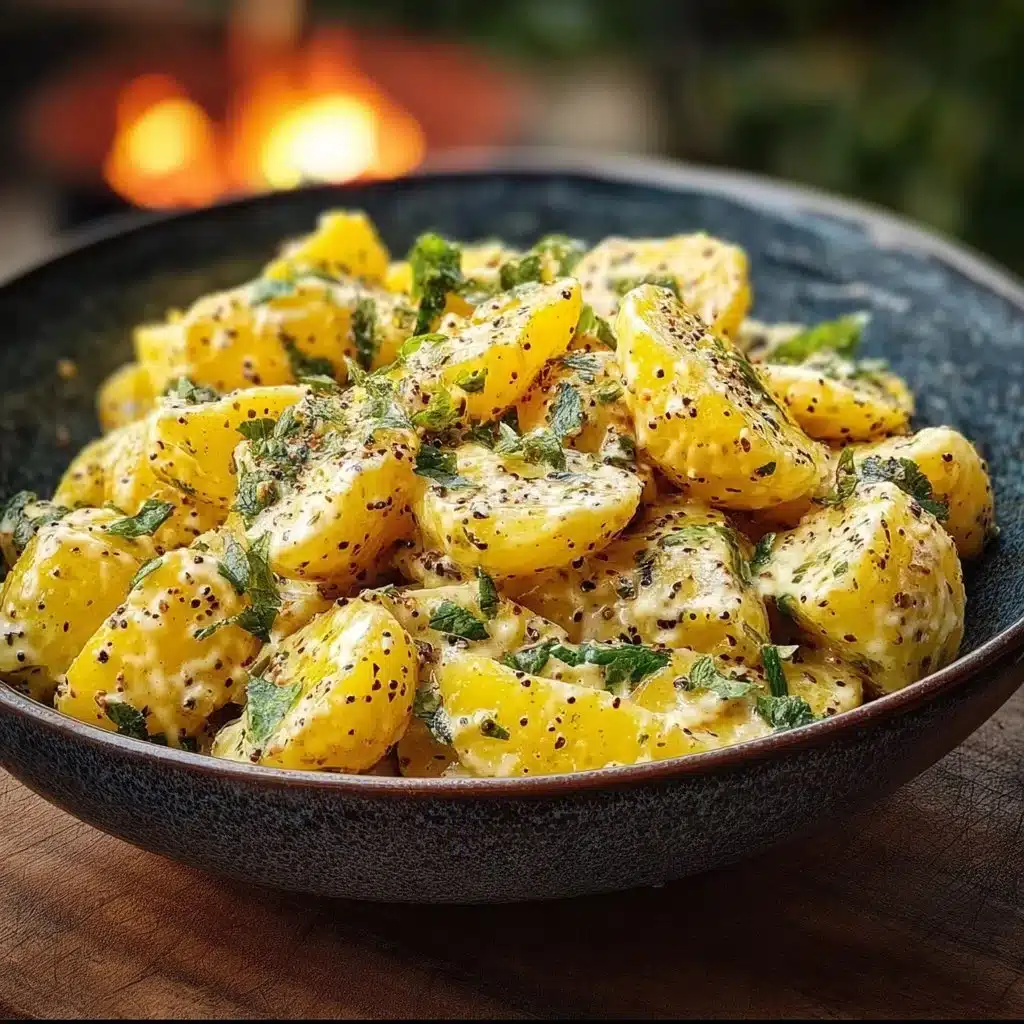 Delicious bowl of mustard potato salad with fresh herbs and spices