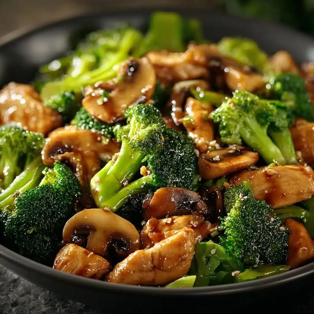 Delicious chicken stir-fry with broccoli and mushrooms served on a plate