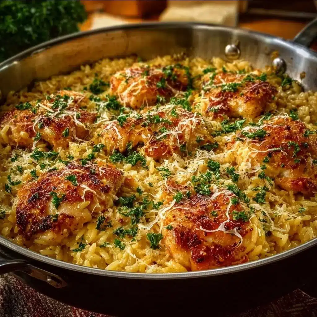 Delicious One Pan Orzo Chicken Bake dish served in a skillet