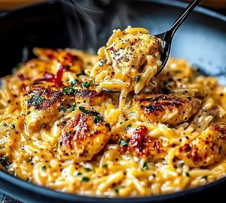 Delicious One Pot Cajun Orzo served in a bowl, showcasing vibrant spices and ingredients.