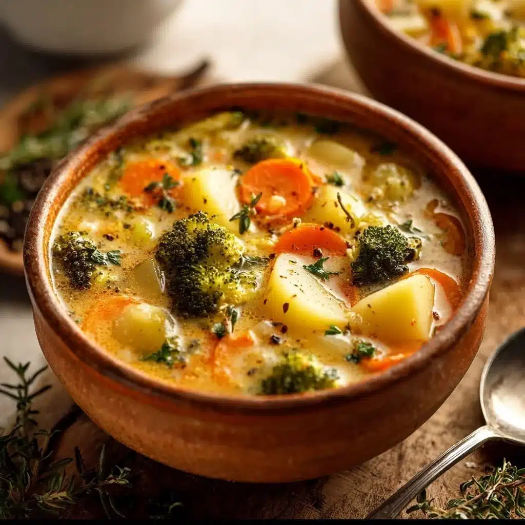 A bowl of one pot creamy vegetable soup with fresh vegetables and herbs.