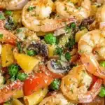 A vibrant Pasta Primavera with shrimp showcasing fresh vegetables and pasta