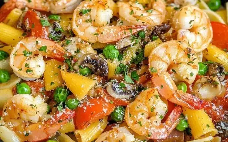 A vibrant Pasta Primavera with shrimp showcasing fresh vegetables and pasta