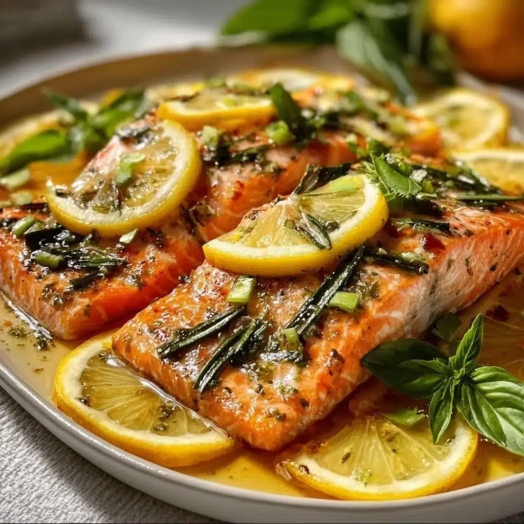 Delicious quick lemon basil salmon served with fresh herbs and lemon slices.