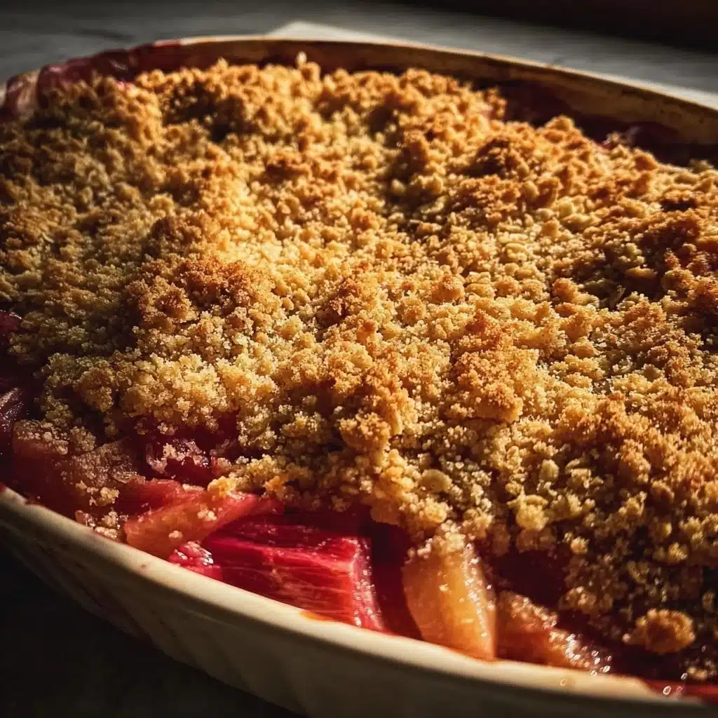 Delicious homemade rhubarb crisp served in a baking dish